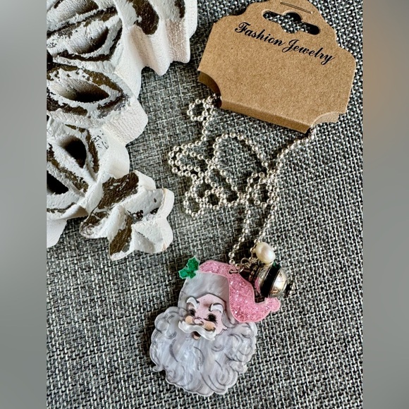 New Festive Pink Christmas Acrylic Santa Claus Shimmer Statement 18” Necklace - Picture 2 of 11